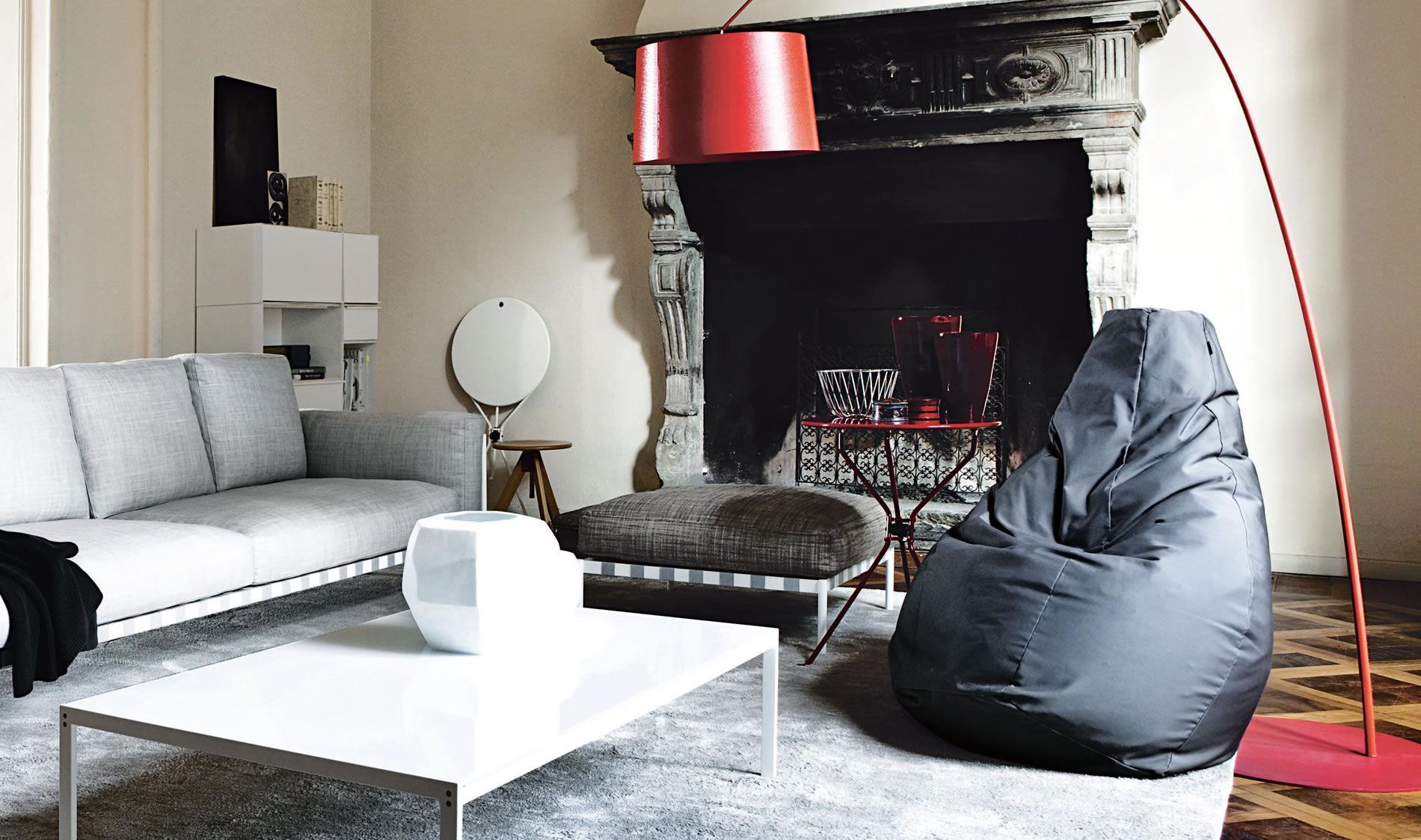 Modern living room with the Sacco Bean Bag Chair in black