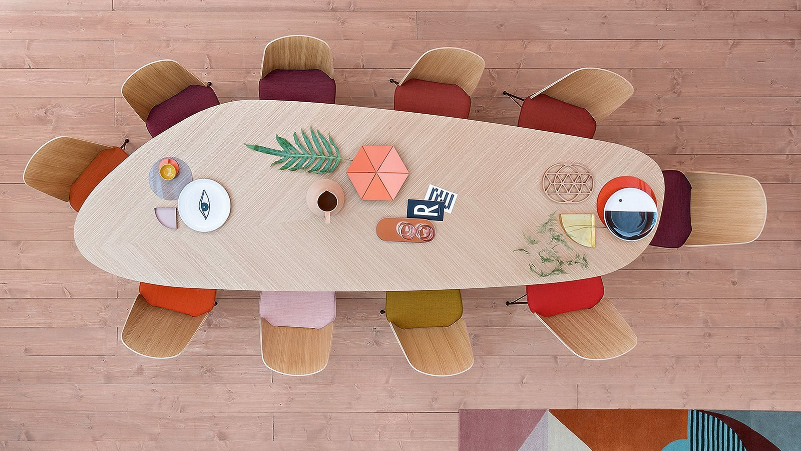 wooden Organic dining table with modern chairs