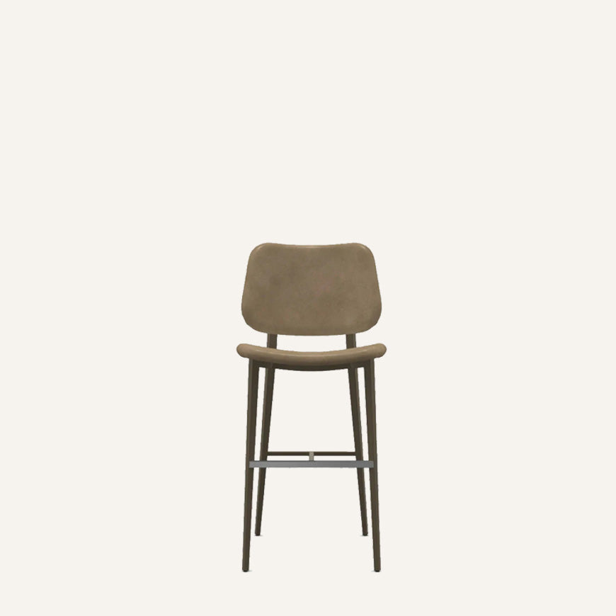 Bar stool with a brown seat and legs on a white background