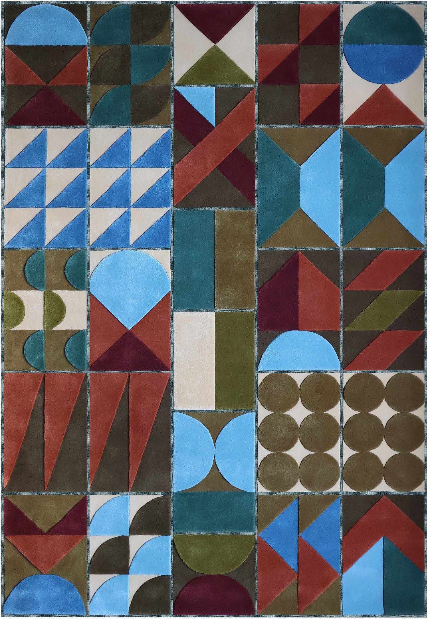 Geometric patterned rug with a mix of shapes and colors