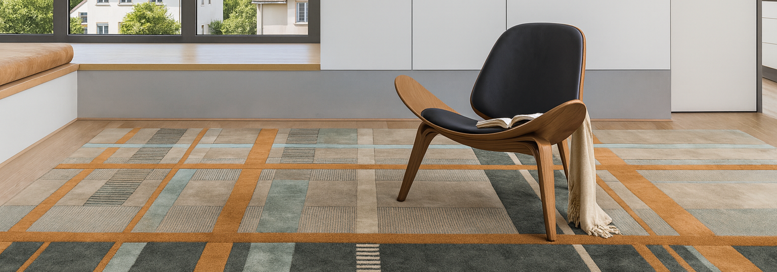 chair on a plaid coral green modern rug in a room with large windows