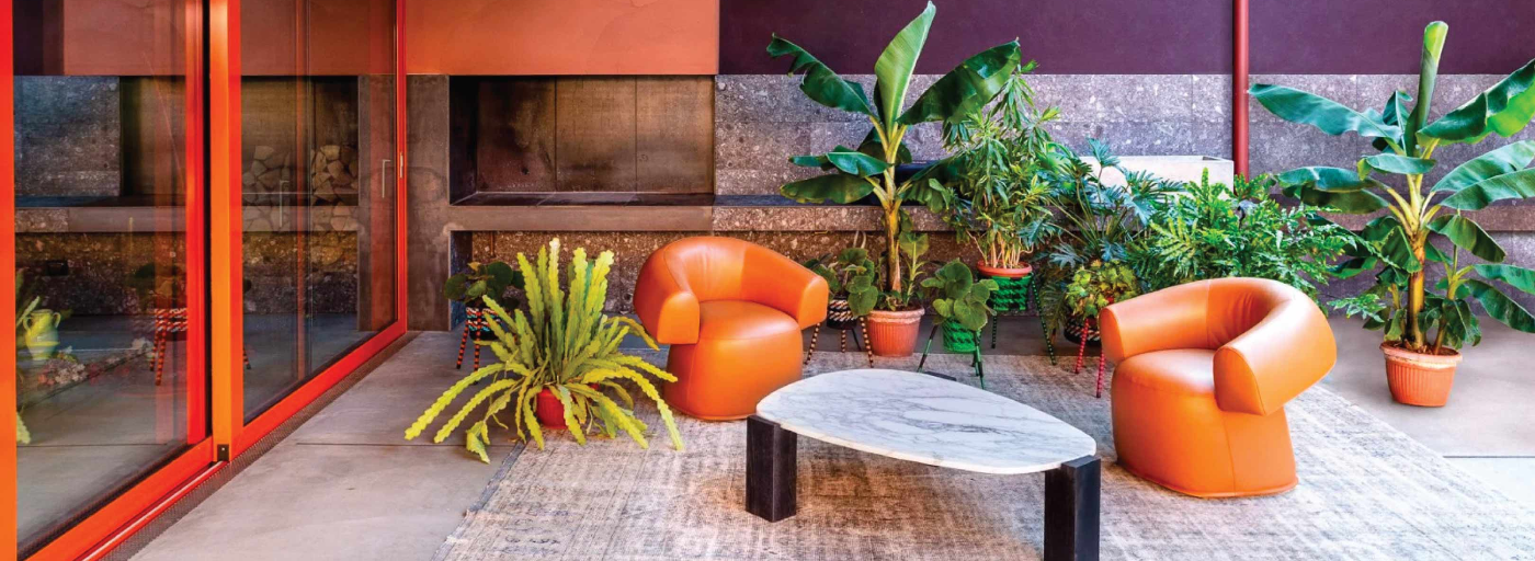 Living room leather armchair and marble coffee table
