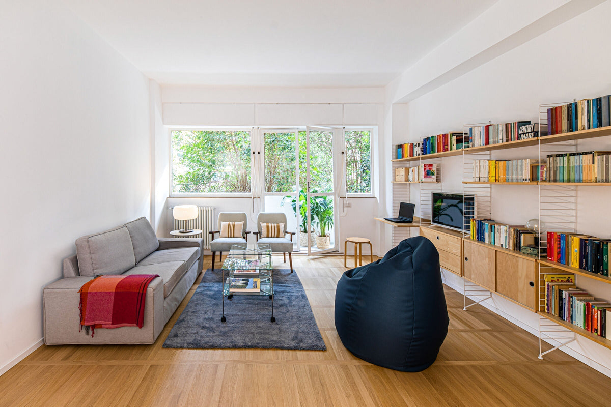 sacco chair by Zanotta in navy in a modern living room