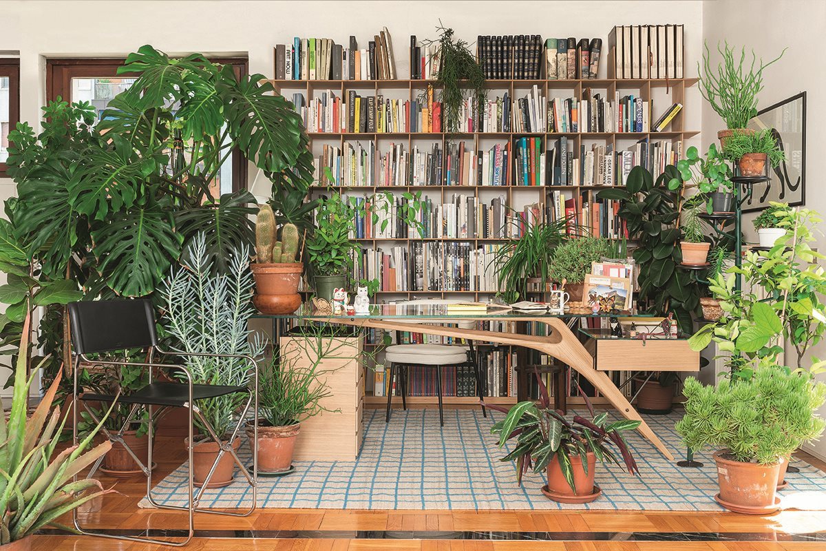 Cavour Desk by Zanotta in a home office filled with plants