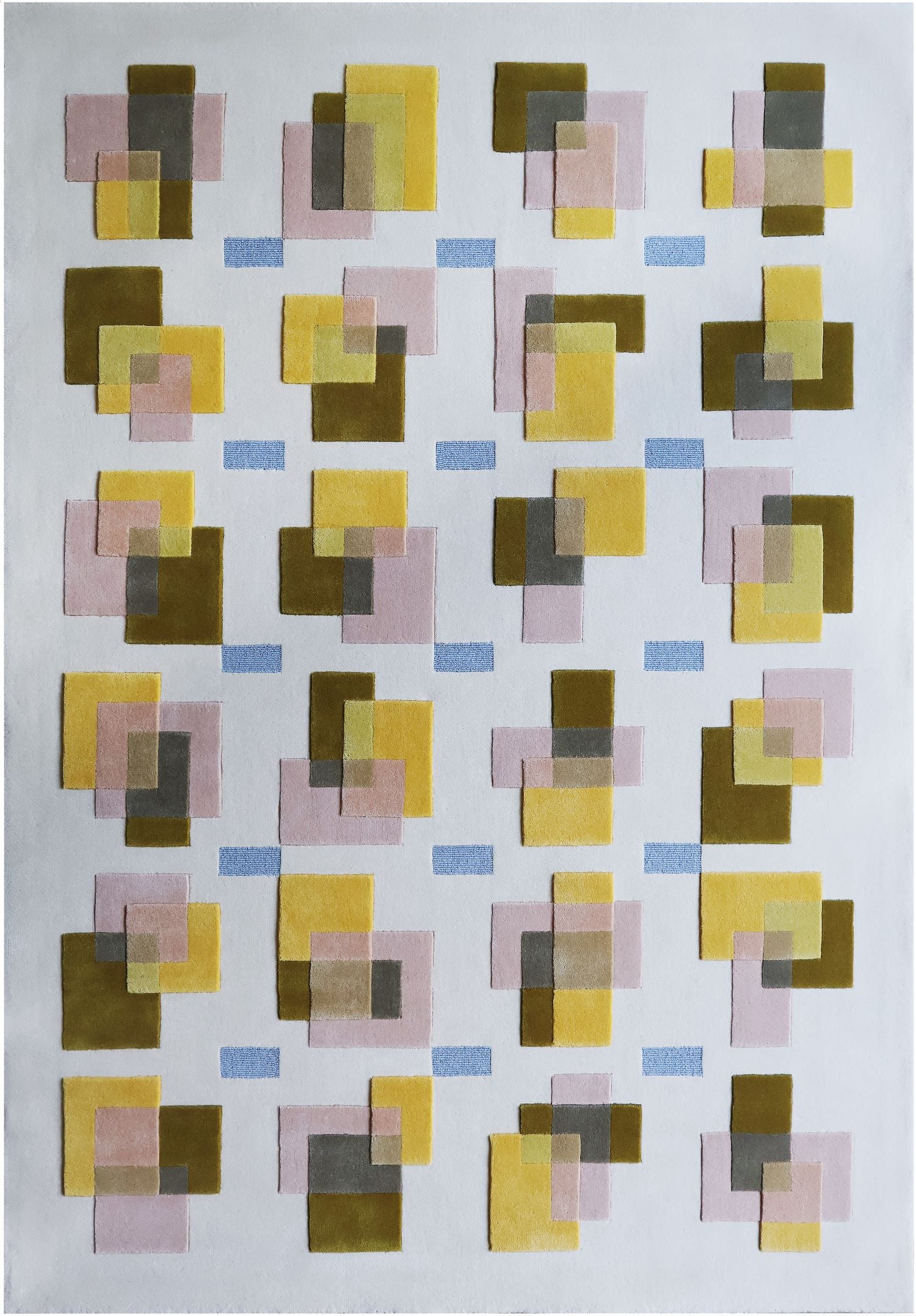 Abstract art piece with geometric shapes in yellow, pink, brown, and blue on a white background